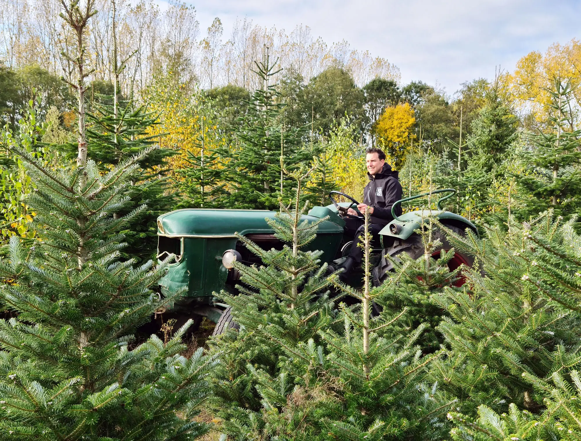 Glenn op tractor tussen kerstbomen